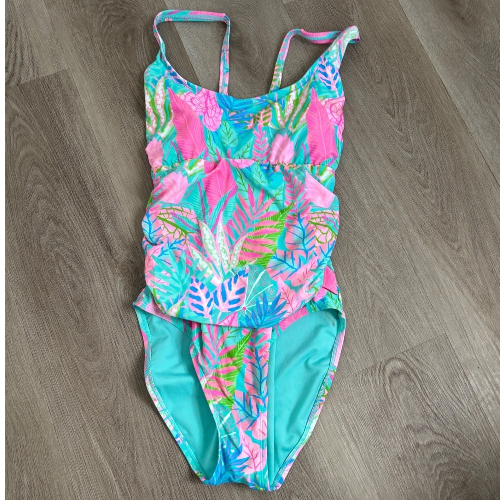 Lilly Pulitzer Tropical Leaf Print One Piece Swimsuit Ruched Pink Teal Blue